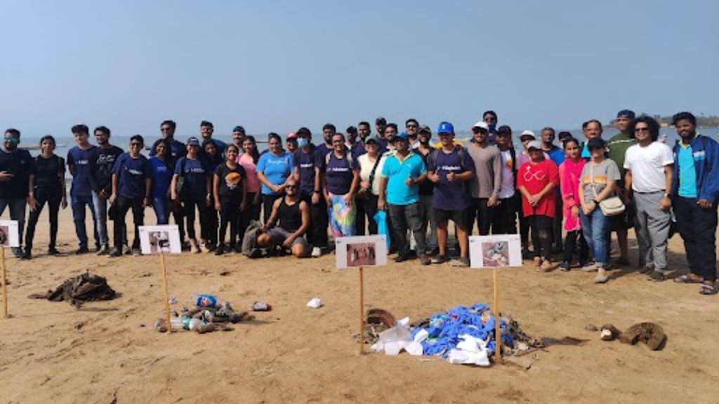 Group of volunteers on beach posing by collected garbage